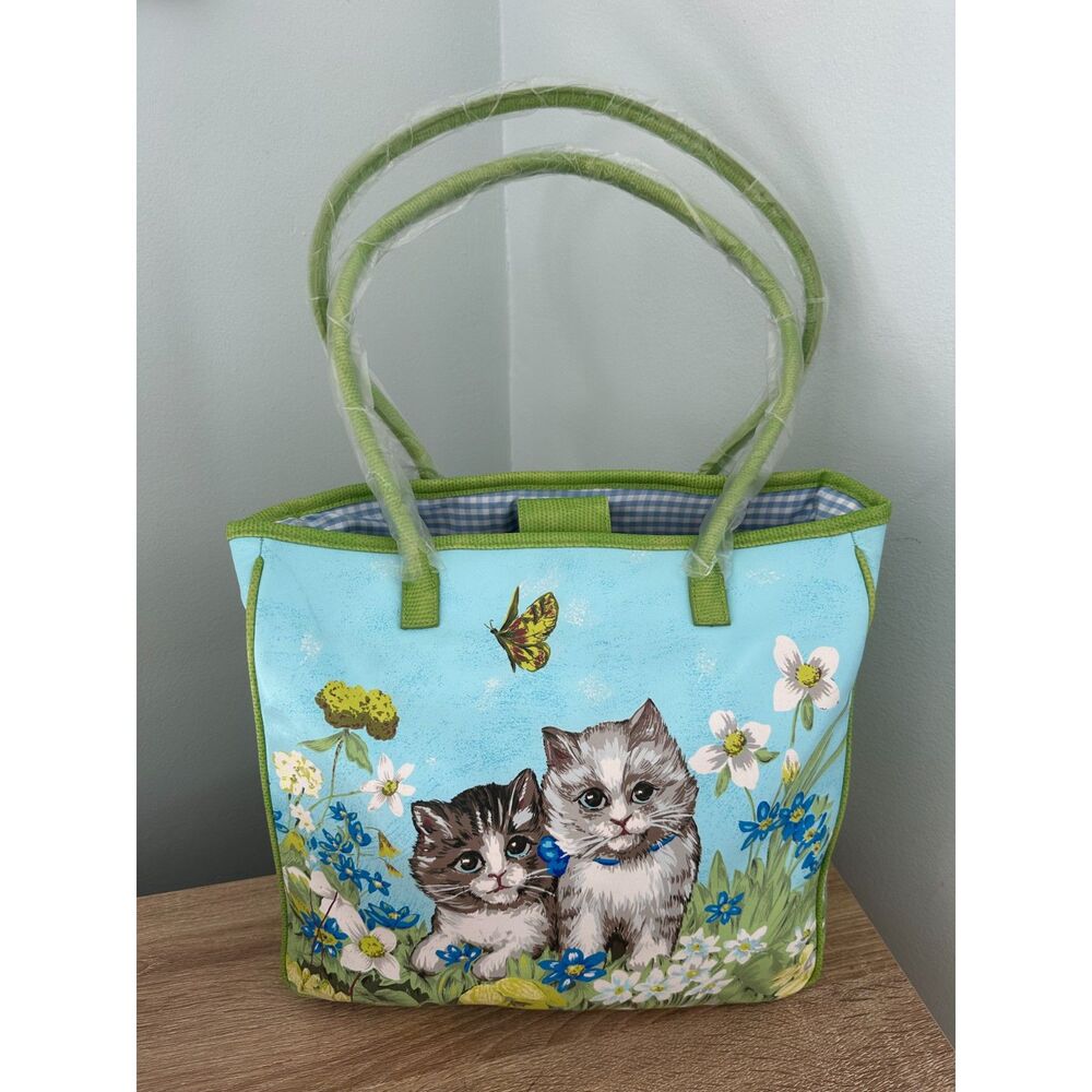 Vintage Cute Kittens & Butterfly Floral Tote Bag Light Blue Gingham Lined NWD